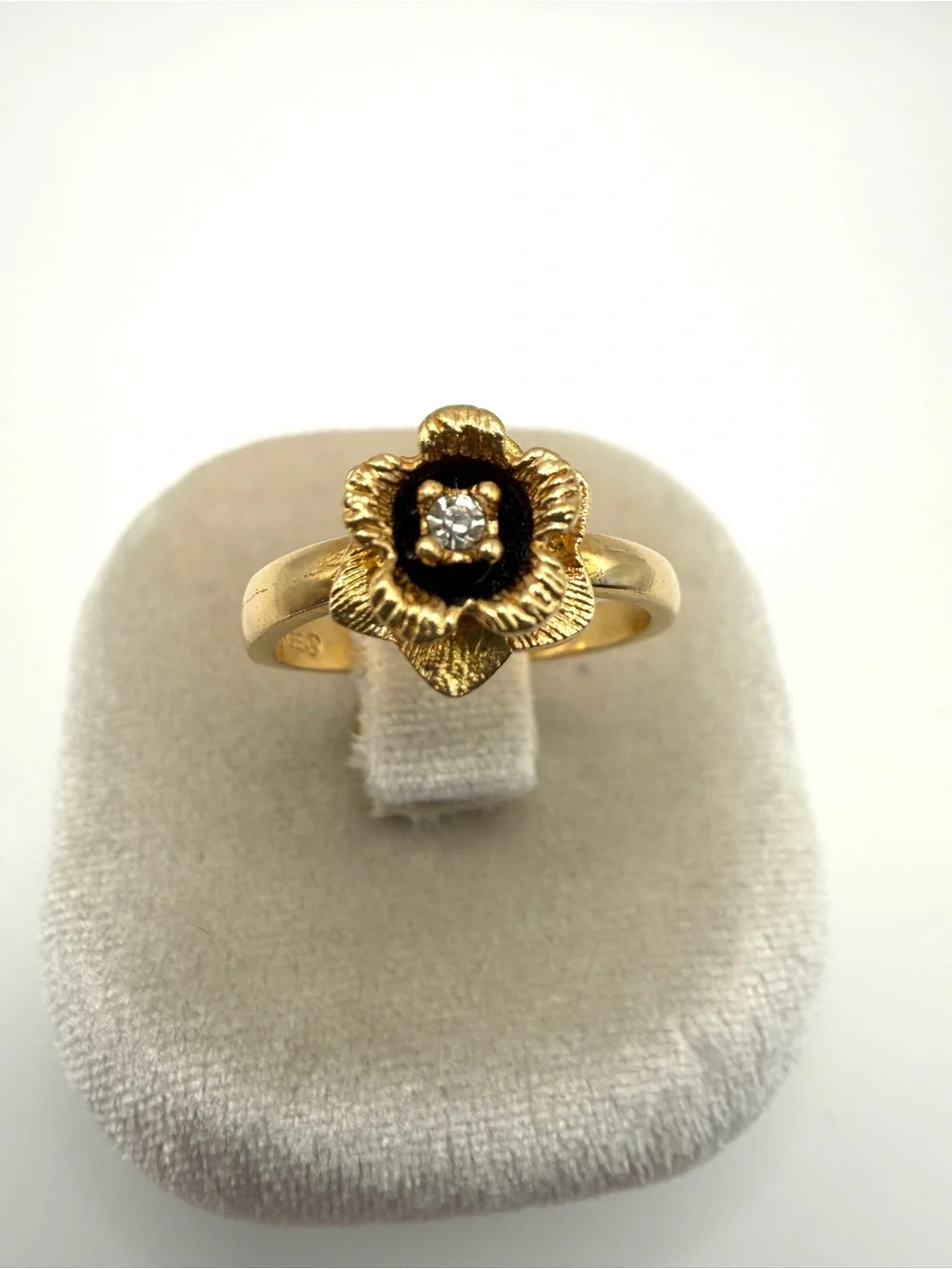 Gold Flower Ring with Black Enamel and Crystal - Size 7.25